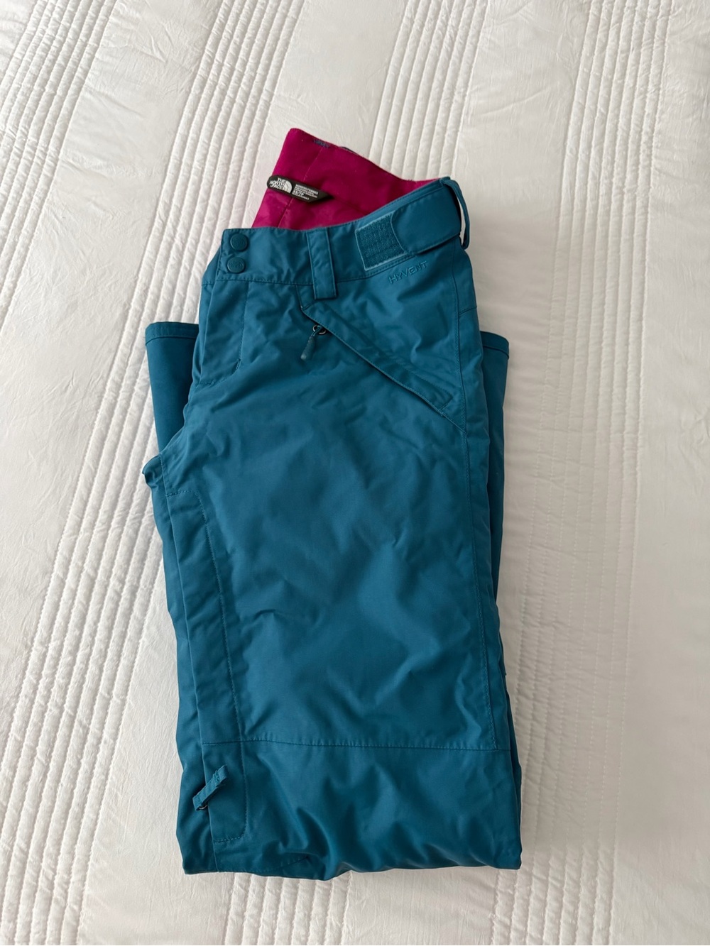 The North Face Aqua Blue Ski Pants with Bright Pink Waistband